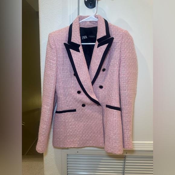 Zara Textured Blazer with Contrast Piping on Pink and Black Size XS - Picture 4 of 7